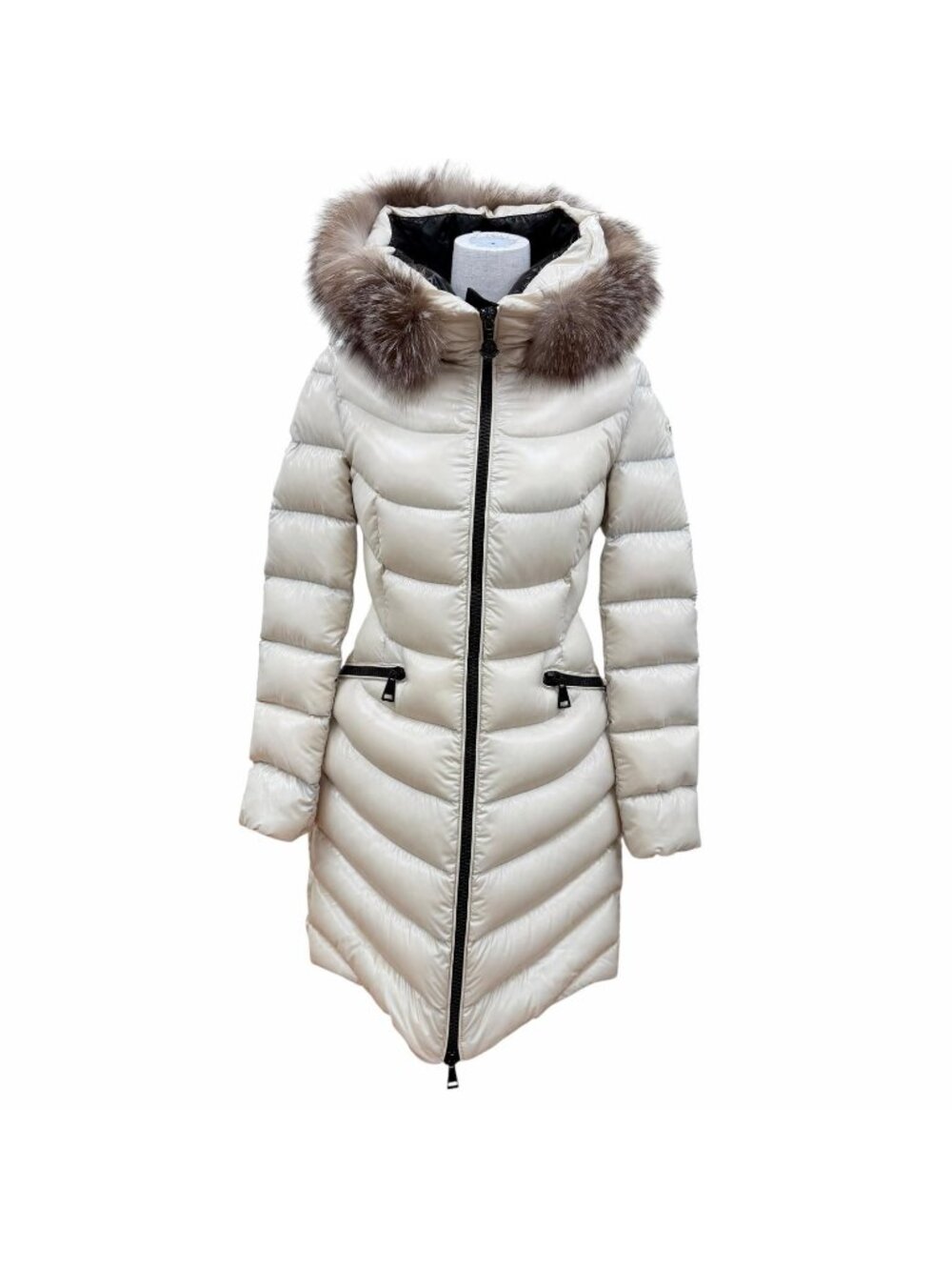 Moncler Aphia Fur Logo Patch Hooded Down Coat Beige 0